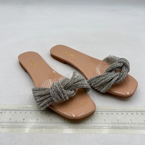 XYD Nude Glitter Shiny Rhinestone Straps Sparkle Fancy Open Toe Slide Sandals - Picture 3 of 7